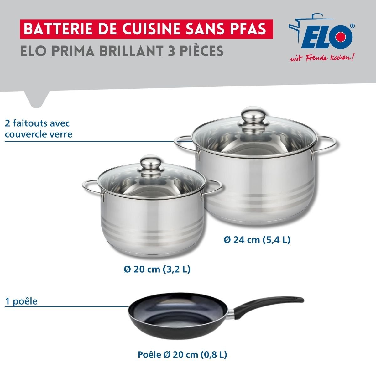 Batterie 1 poêle 20cm + 2 faitouts 20/24cm PRIMA BRILLANT noir, ELO