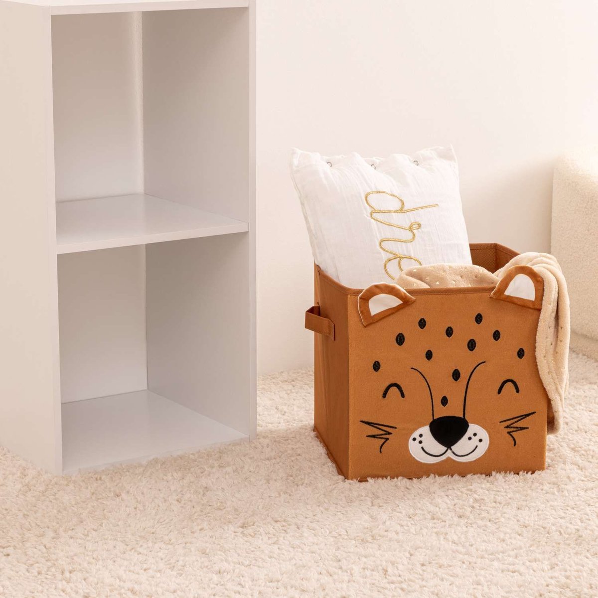 Lot de 2 boîtes de rangement enfant tigre en velours JOEY marron, TOILINUX