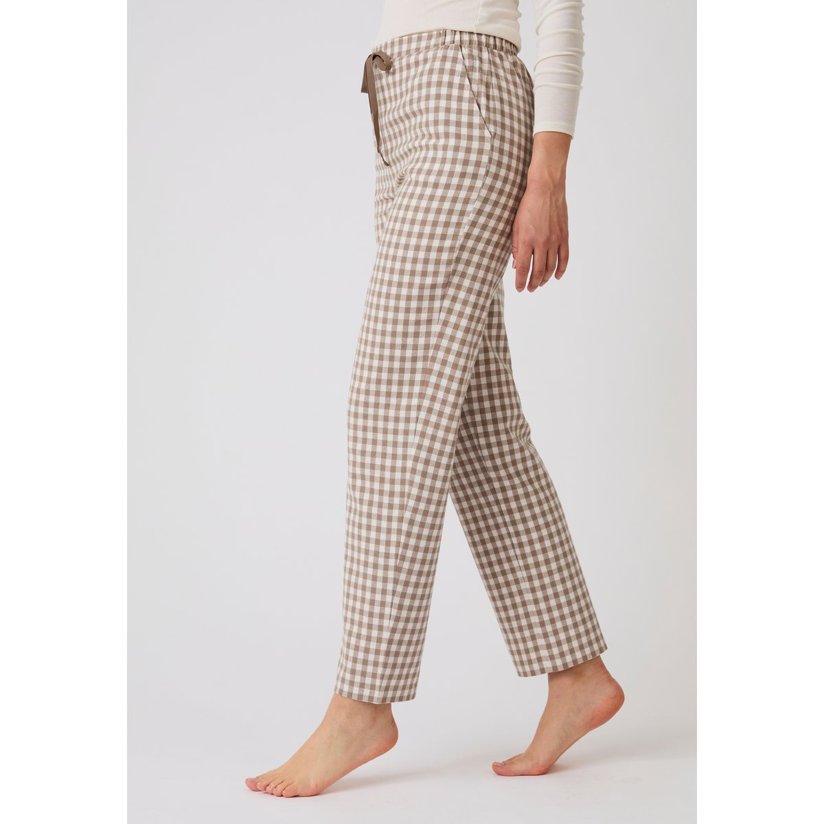 Pantalon de pyjama en flanelle grattée marron beige petits carreaux, DAMART
