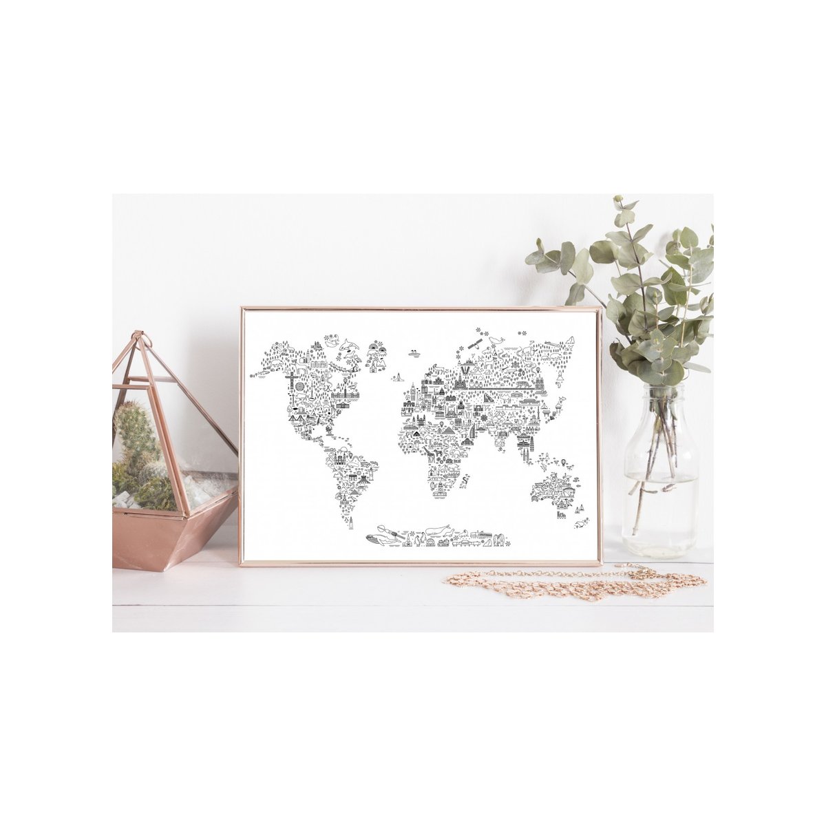 Poster Carte du monde Icônes blanc, L'AFFICHERIE