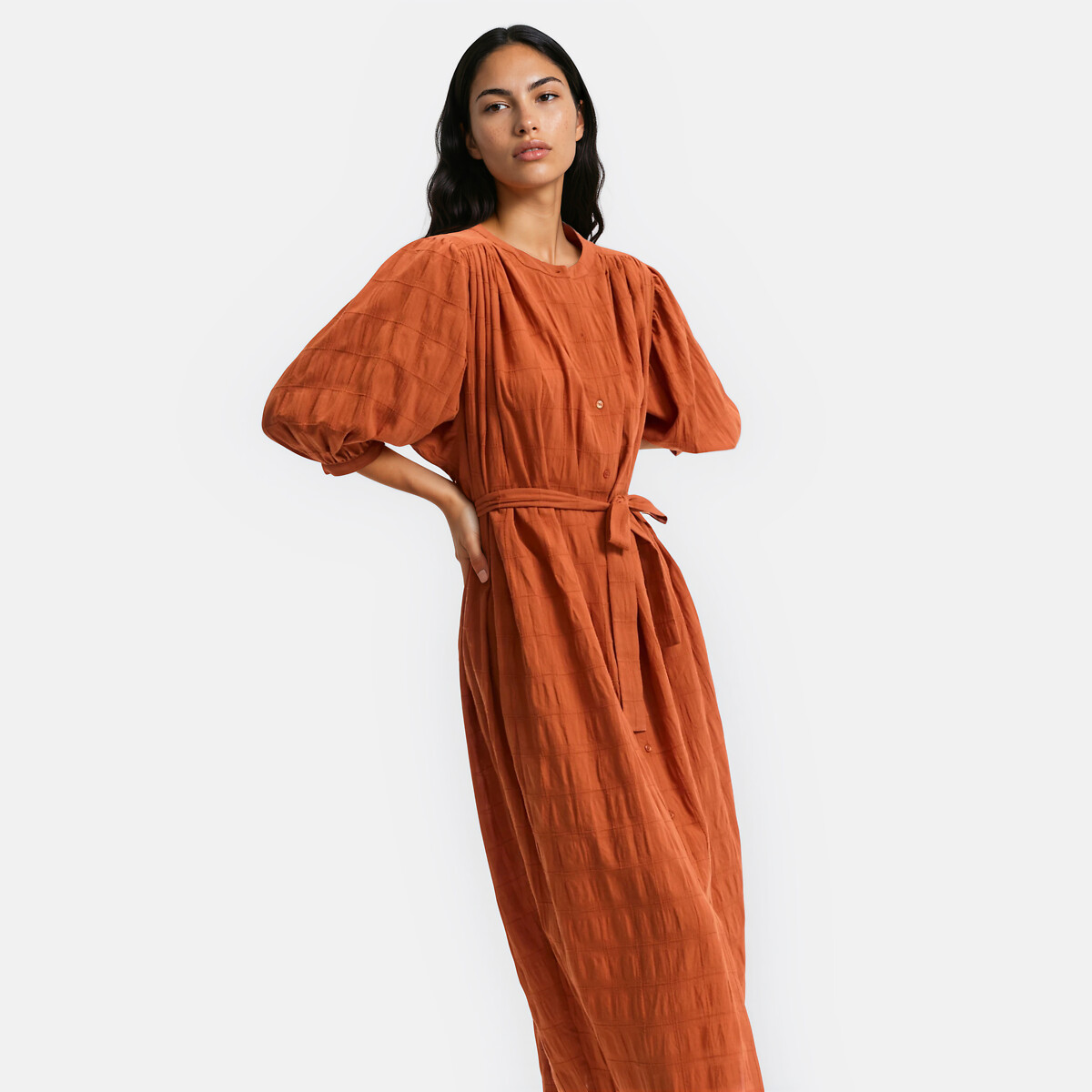 Belted Puff Sleeve Maxi Dress rust brown, LA REDOUTE COLLECTIONS