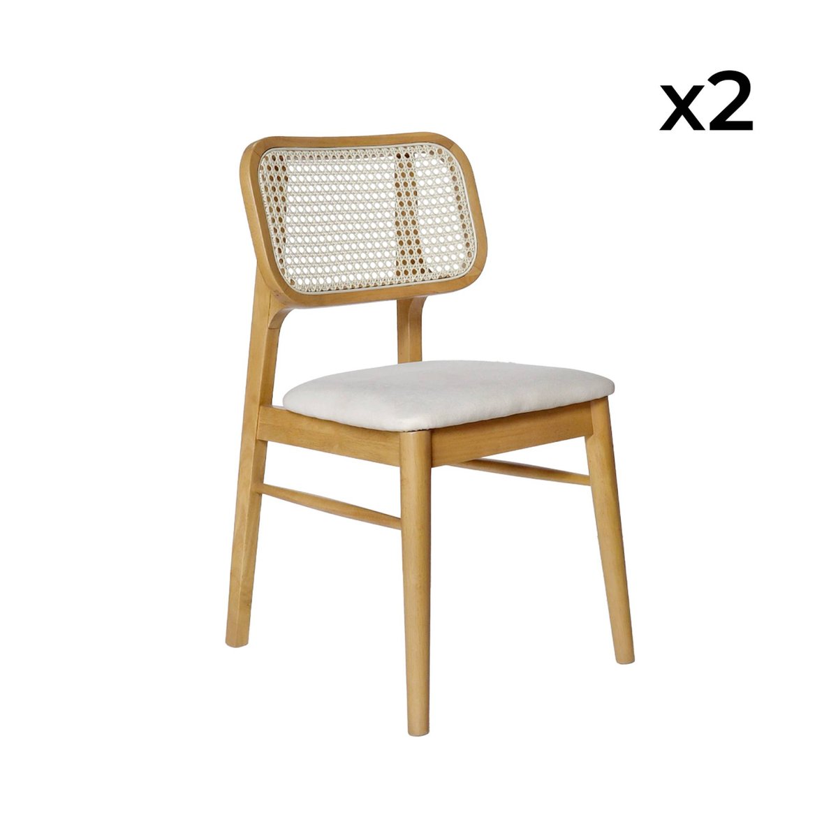 Chaise bohème bois d'hévéa cannage et tissu (lot de 2) MANI chêne, SWEEEK