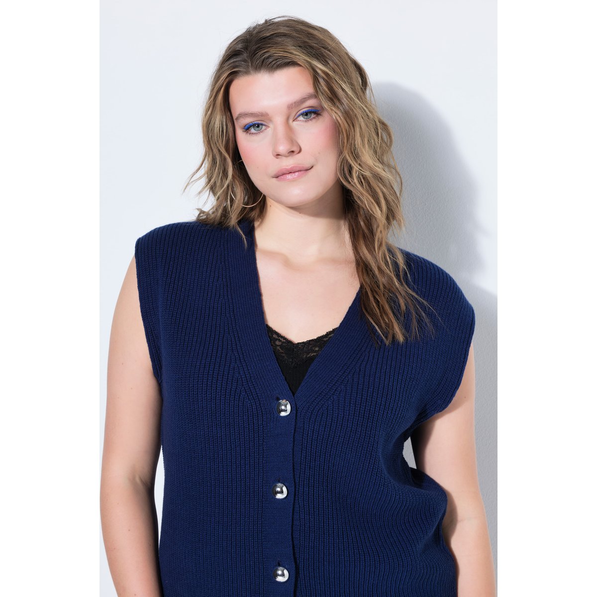 Gilet en maille, coupe ample, col en V bleu foncé, STUDIO UNTOLD