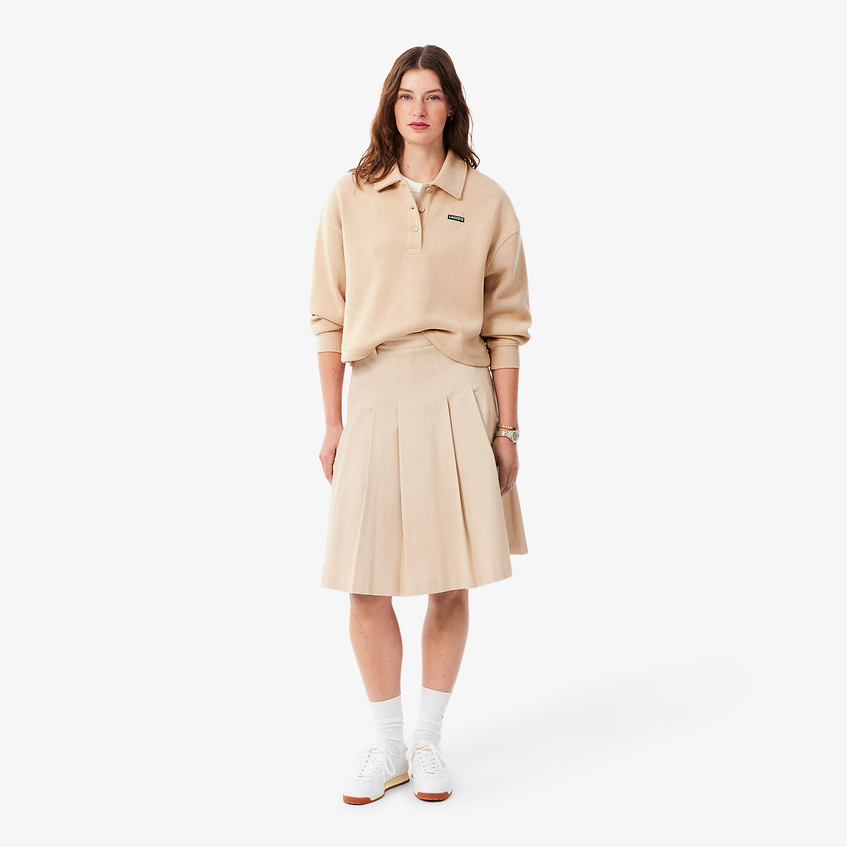 Sweat col polo à manches longues beige, LACOSTE