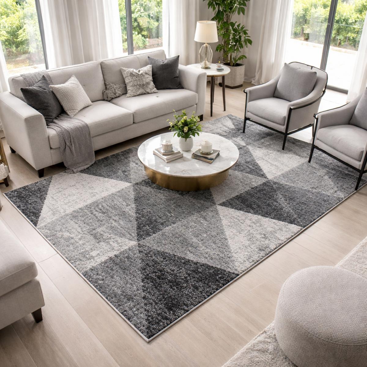 Tapis salon et chambre tissé motif géométrique SOLTAM gris, écru, UN AMOUR DE TAPIS
