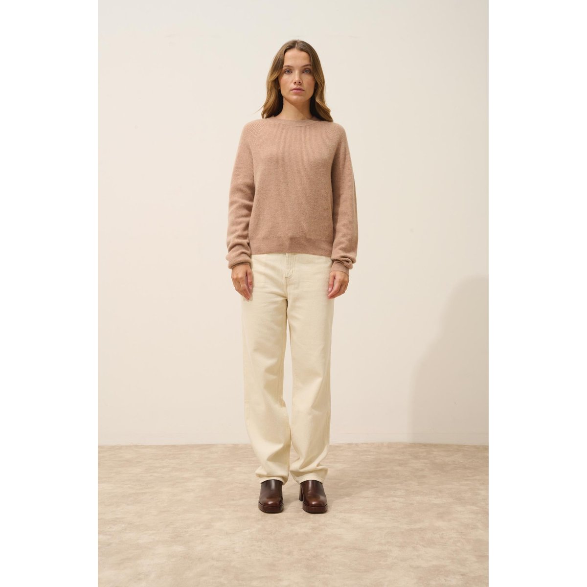 Pull Col Rond Zippé Dos Camel Chiné Jona camel chiné, JUST CASHMERE
