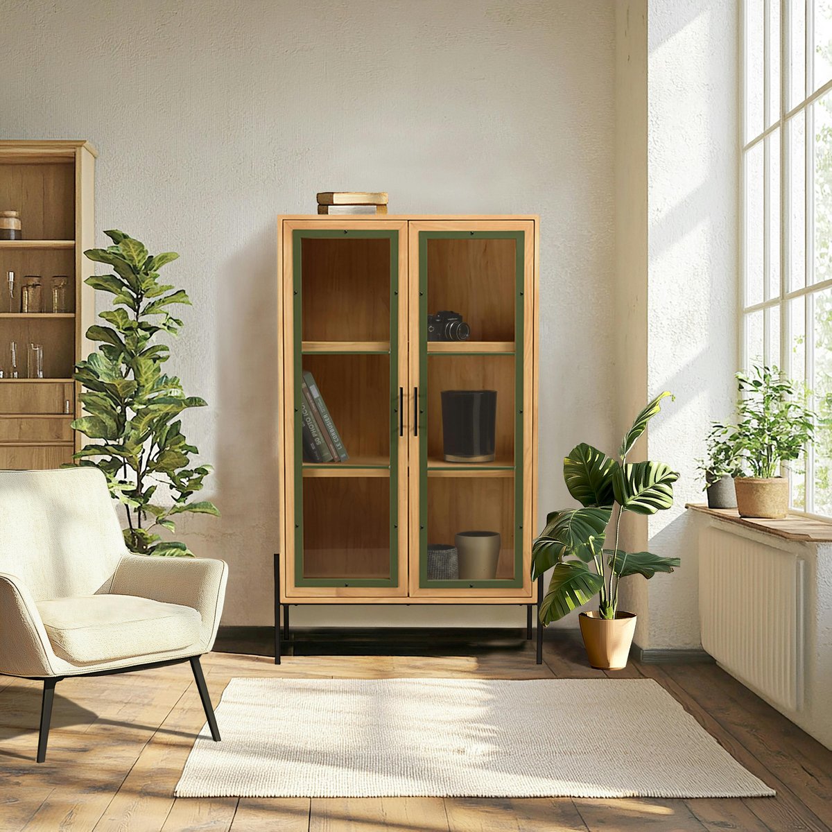 Vaisselier bois clair et contour vert BAGAN bois naturel, PIER IMPORT