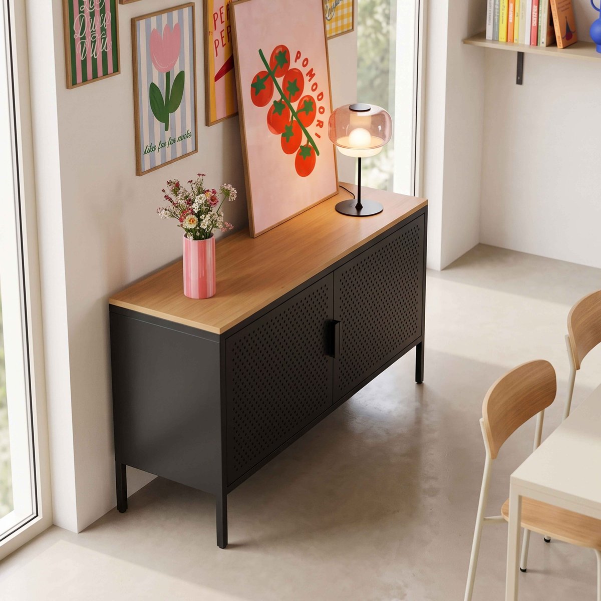 Buffet en métal 2 portes 100 cm, PUNCHY noir, OVIALA