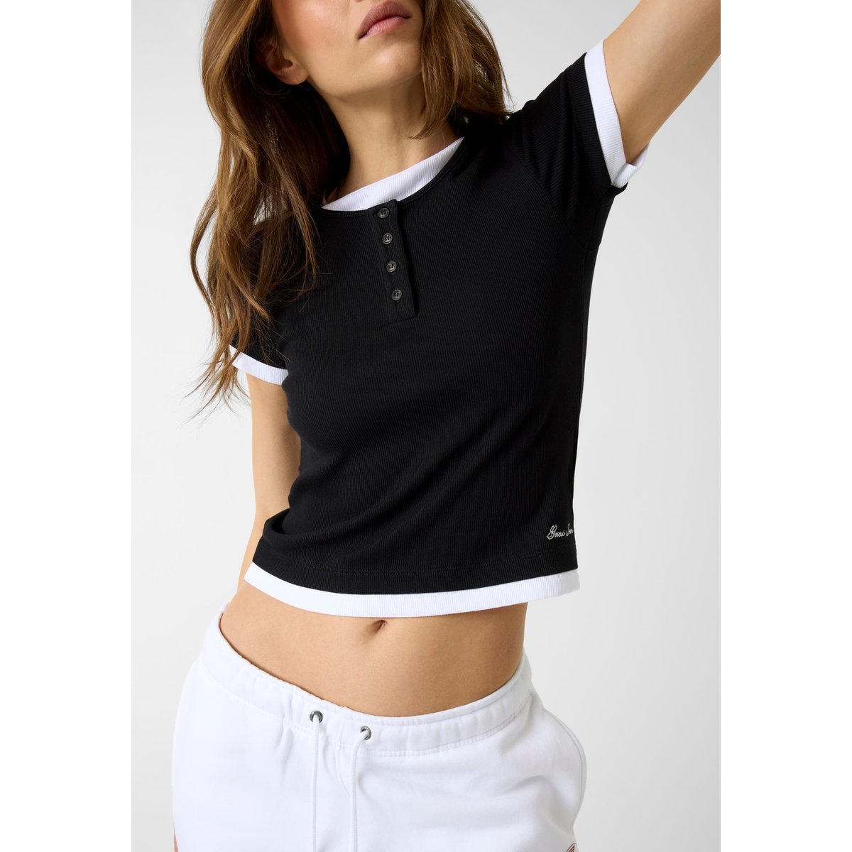 Haut En Maille Côtelée Double noir, GUESS JEANS