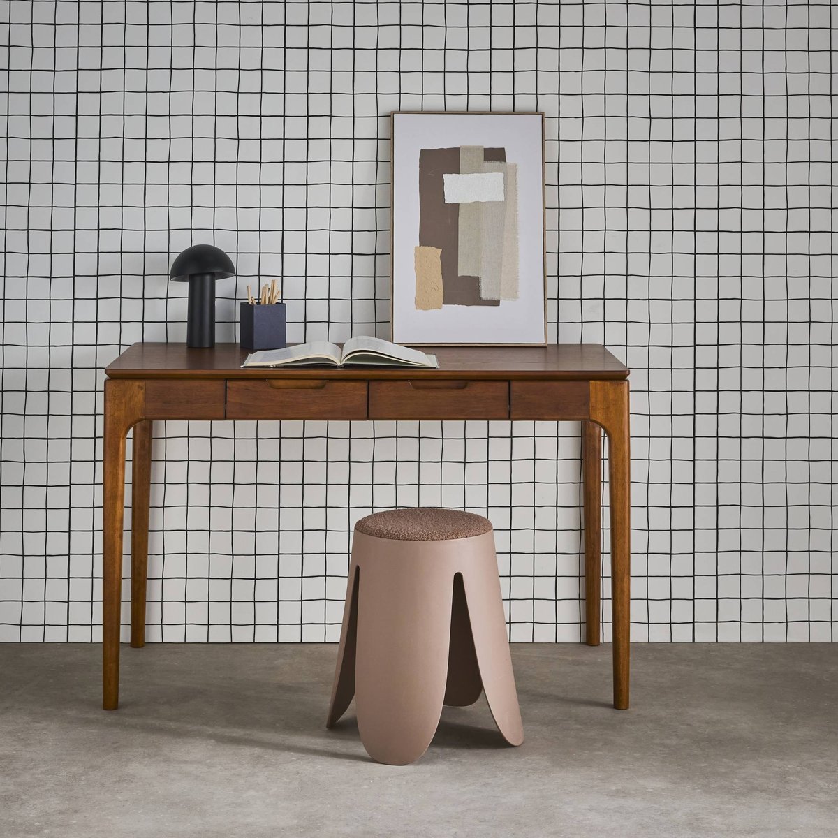 Bureau bois d'hévéa placage frêne 2 tiroirs ALIENOR naturel, SWEEEK
