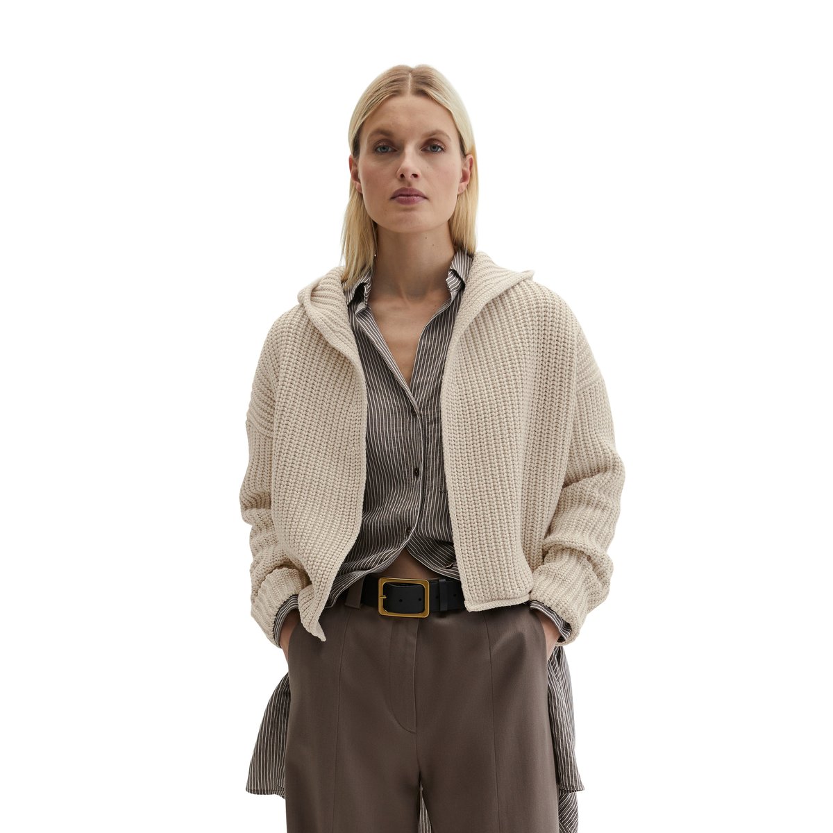 Cardigan à capuche oversize en doux mélange de coton organique gris clair, MARC O'POLO