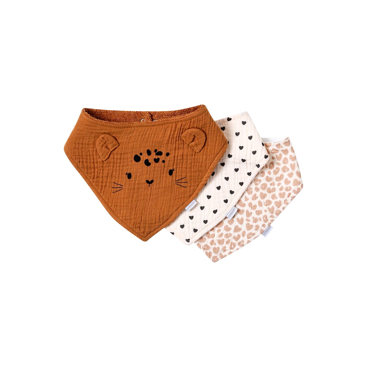 Lot 3 bavoirs bandanas en gaze de coton / éponge lovely leo, VERTBAUDET
