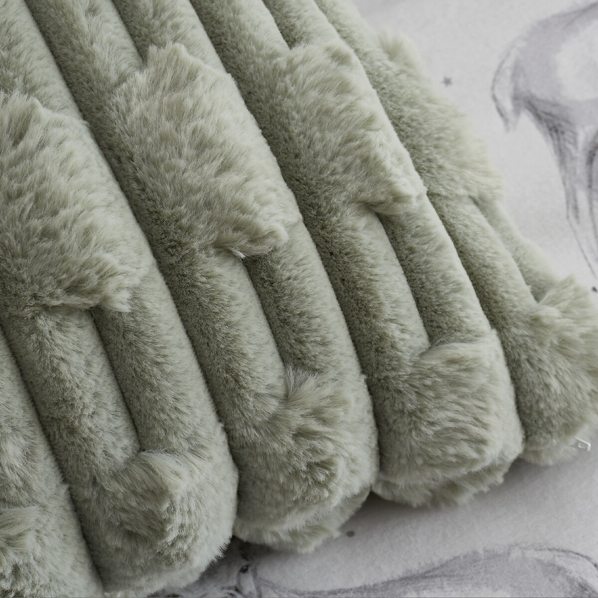 Carved Faux Fur Filled Cushion - Neutral Tones sage green, BIANCA FINE LINENS
