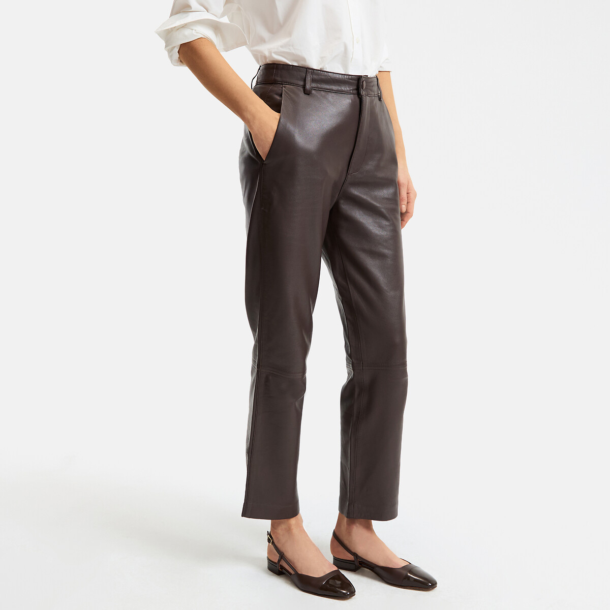 Pantalón de pernera recta de piel, largo 7/8 marrón, LA REDOUTE COLLECTIONS