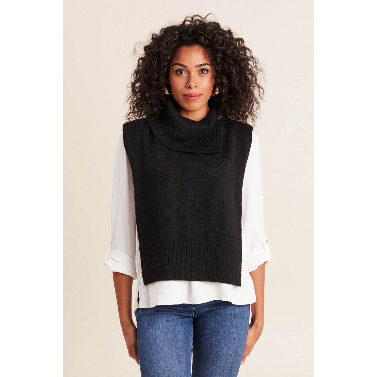 Plastron tricoté col boutonné noir, BREAL