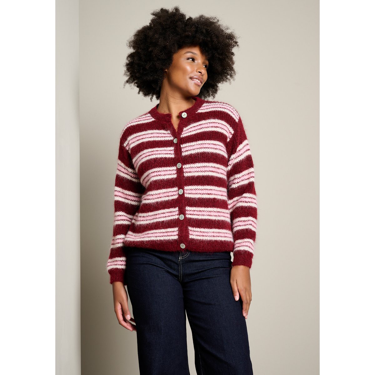 Gilet rayé en maille douce bordeau wine, LOLALIZA