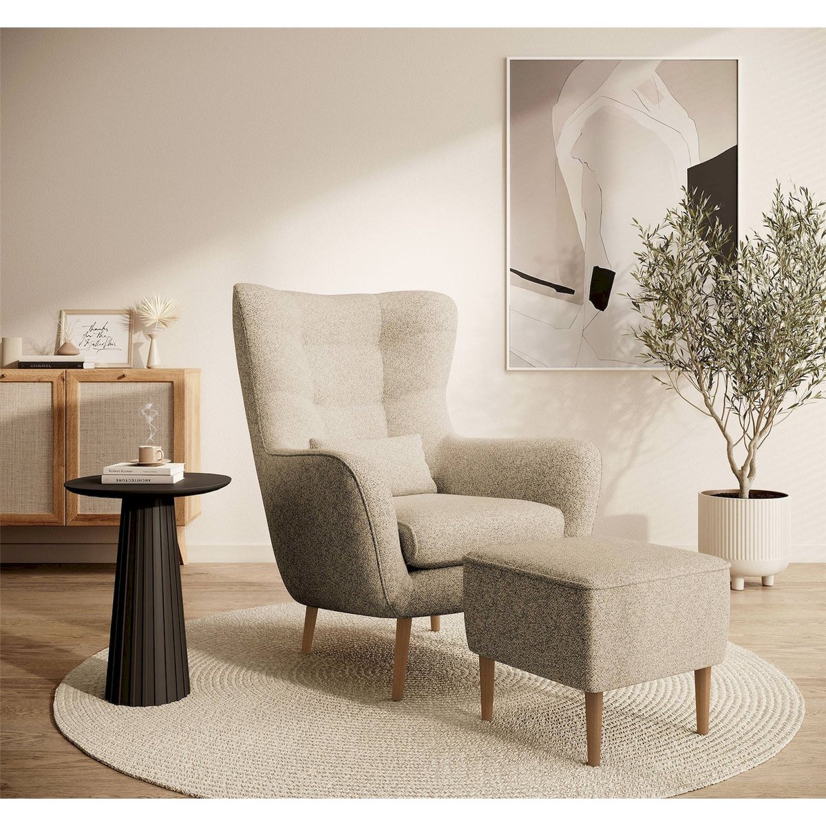 Pouf repose-pieds velours collection VENCE gris anthracite et noir, RECOLLECTION