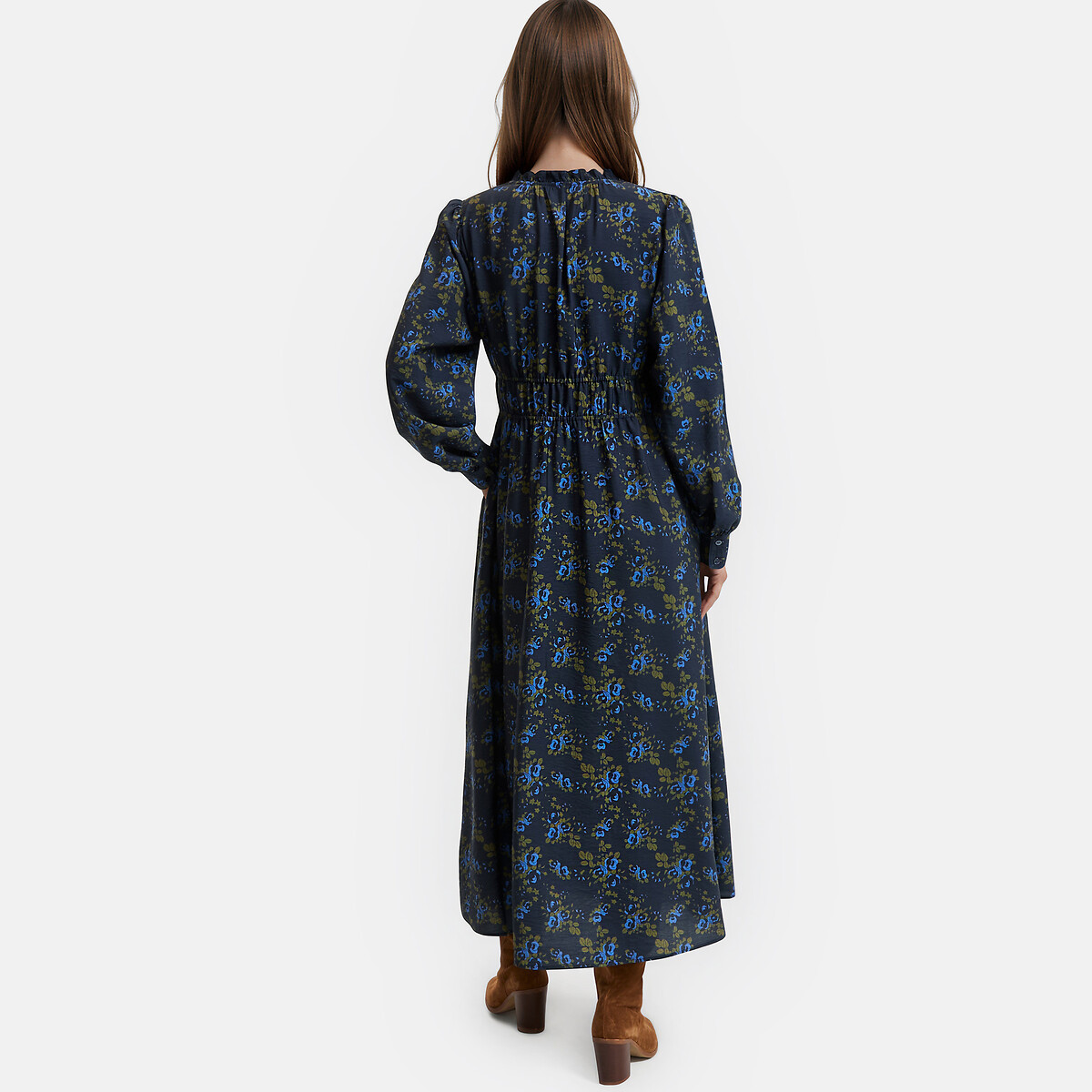 Robe longue imprimé floral à manches longues et col volanté imprimé fleurs fond bleu marine, LA REDOUTE COLLECTIONS
