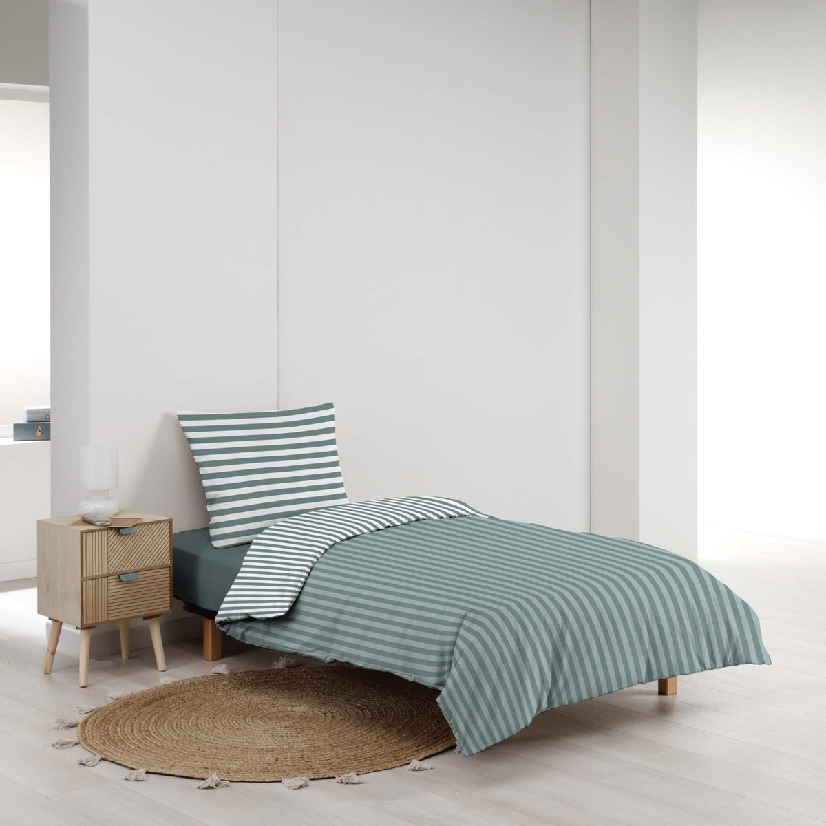 Parure de lit 2 pièces imprimée à rayures housse + taie vert, DOUCEUR D'INTÉRIEUR