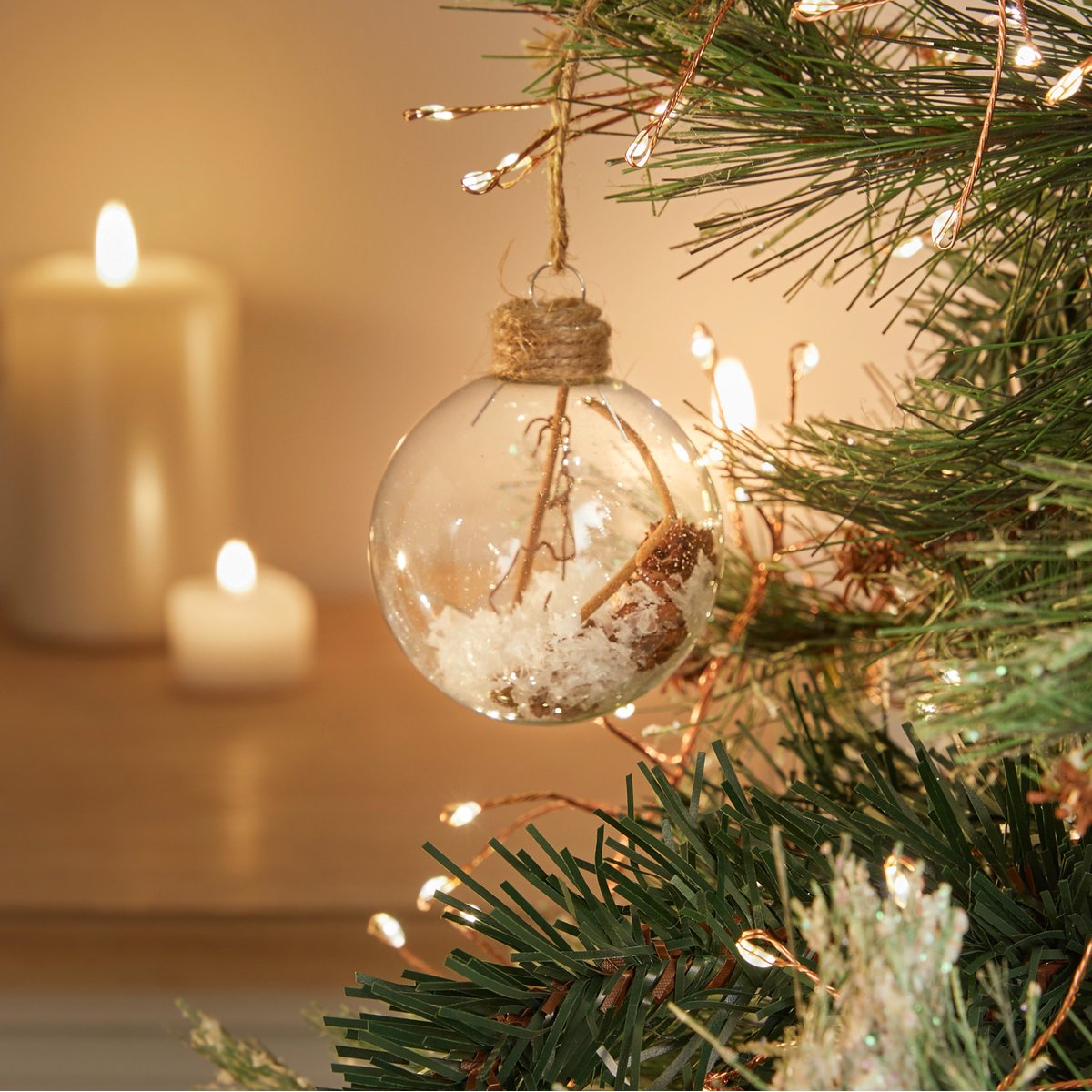 Boule intérieur branche et pomme de pin 6 cm verre transparent, FEERIC LIGHTS & CHRISTMAS