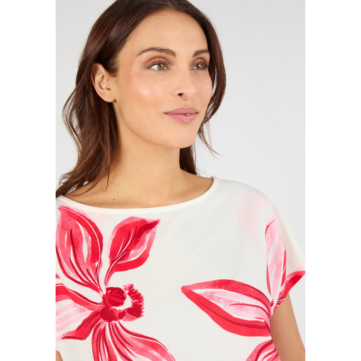 T-shirt crêpe imprimé devant rouge fleuri, DAMART