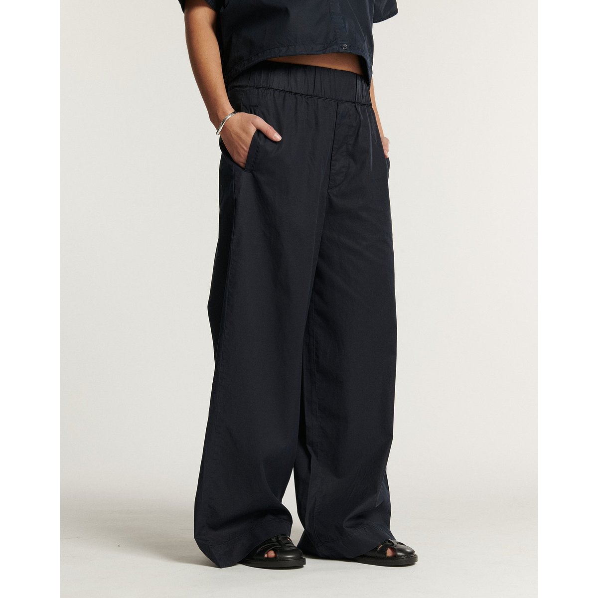 PANTALON LARGE TAILLE HAUTE POPELINE navy, LABDIP