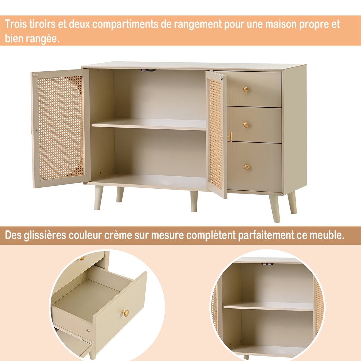 Armoire de rangement avec 2 portes 3 tiroirs et 6 couches, DAVEC Armoire crème, MEUBLES COSY