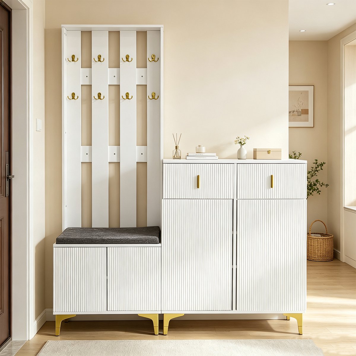 Vestiaire d'entrée avec banc et rangement, PORTER-L blanc, MEUBLES COSY