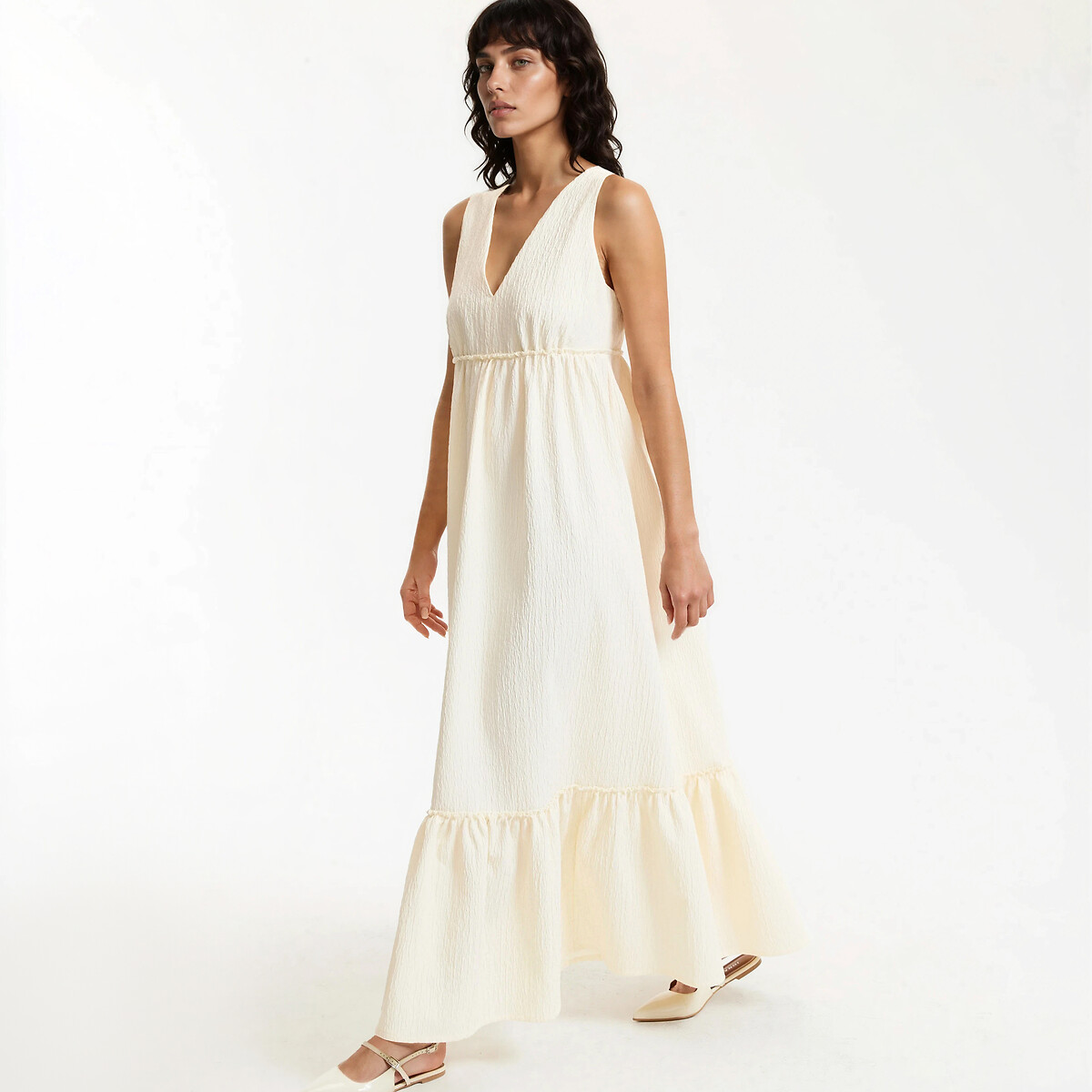 Robe longue col V sans manches à volant ivoire, LA REDOUTE COLLECTIONS