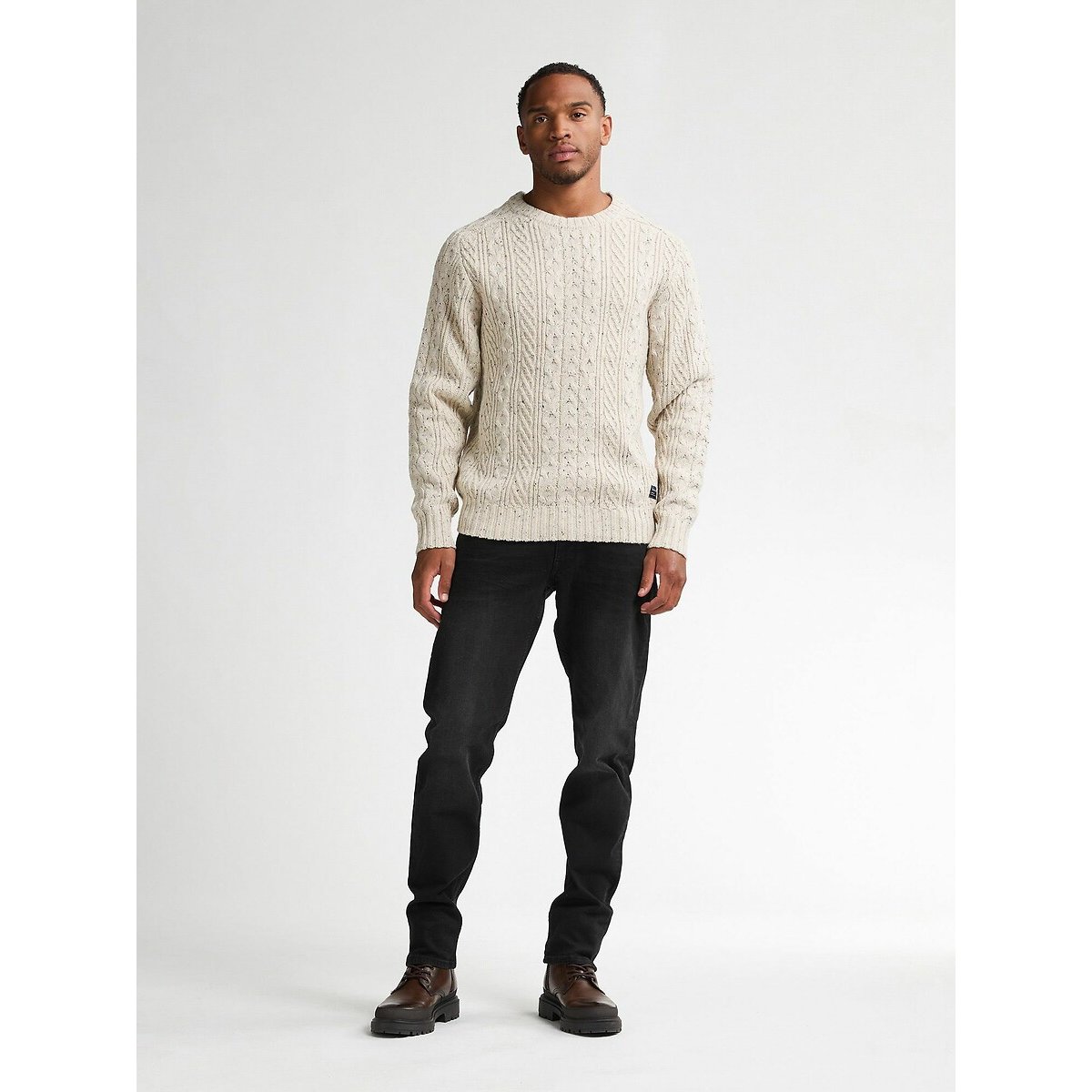 Cable Knit Jumper with Crew Neck ecru , PETROL INDUSTRIES