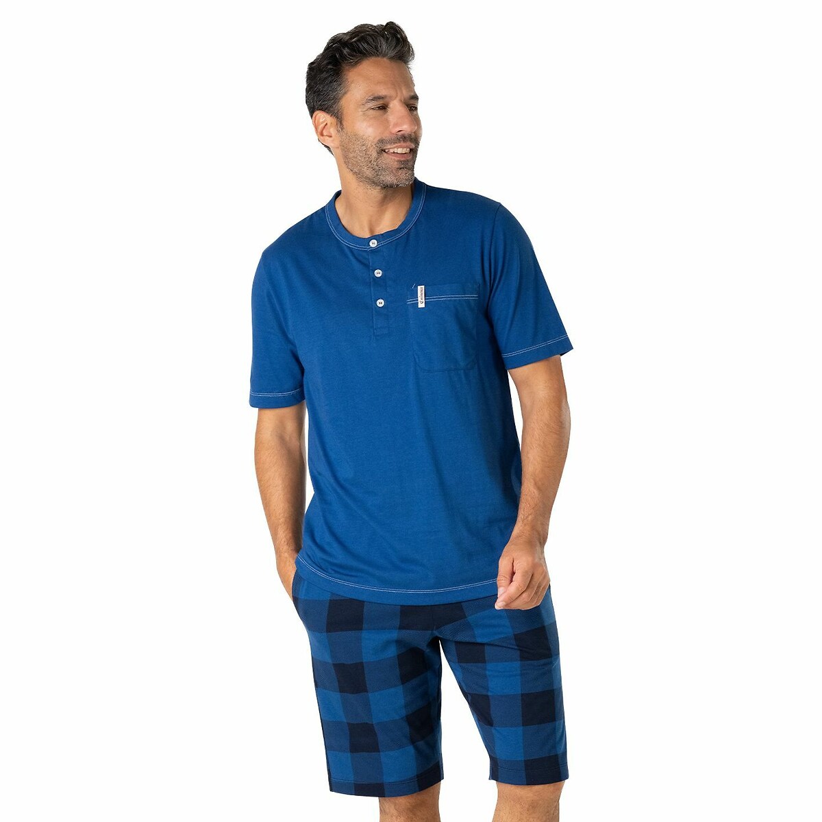Short Pyjamas with Grandad Collar and Checked Shorts blue checks, EMINENCE