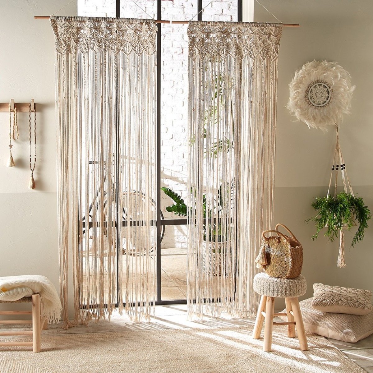 Rideau fil en macramé Été 90x200 beige, ATMOSPHERA