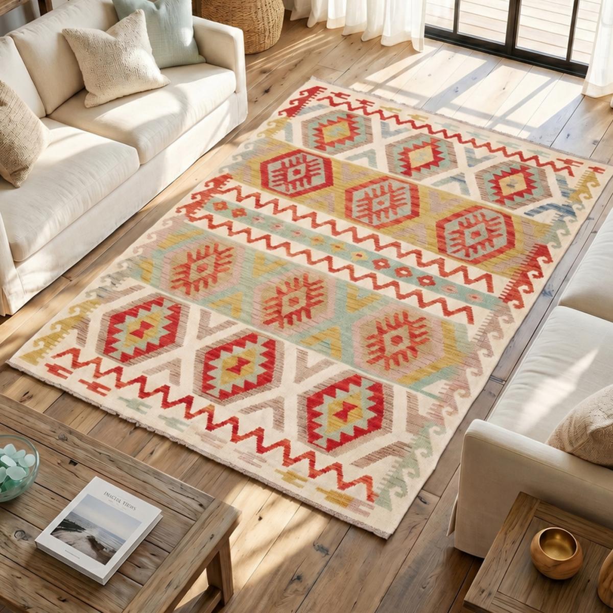 Tapis d'orient au motif ethnique, tissé plat en laine pure, KILIM 4 multicolore, crème, rouge, UN AMOUR DE TAPIS