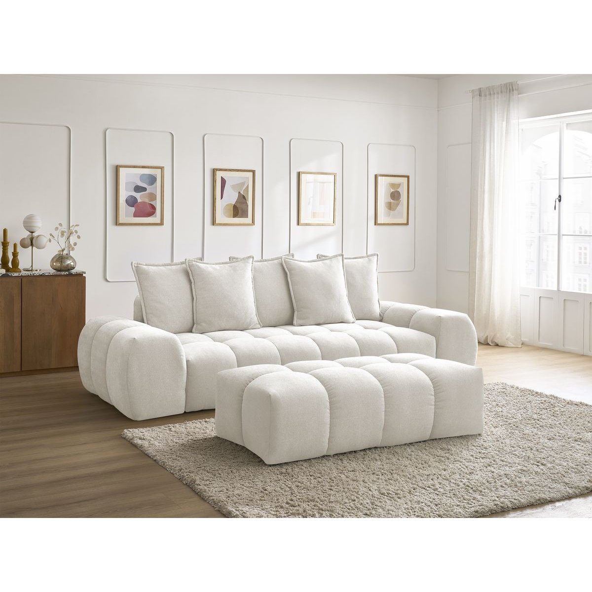Canapé droit fixe 3 places en tissu texturé avec pouf, EVEREST blanc, BOBOCHIC