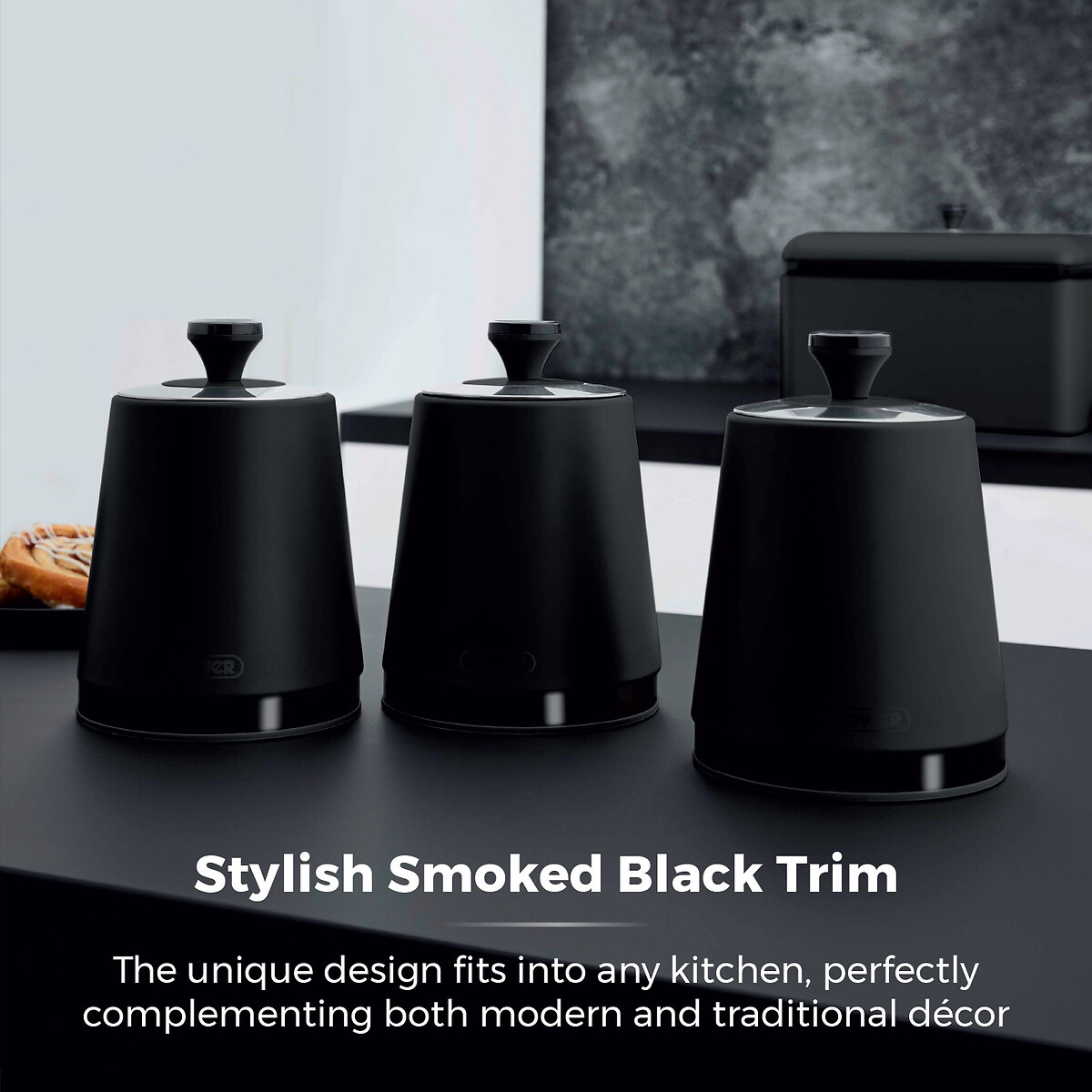 Set of 3 Sera Tea Coffee Sugar Canisters with Smoked Trims black, TOWER