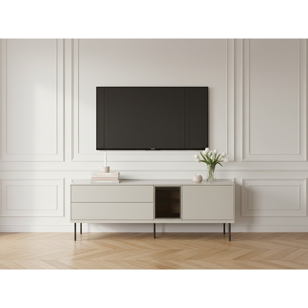 Meuble TV 161 cm panneaux de particules, ESPERA cachemire mat, BOBOCHIC