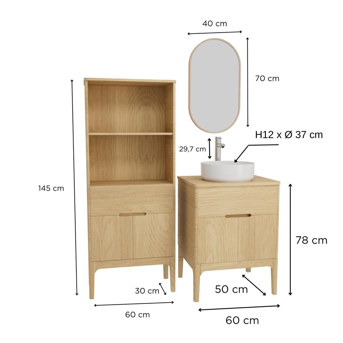 Ensemble meuble simple vasque 60cm + vasque + robinet + miroir + colonne ALASKA chêne - mdf - mat, MOB IN