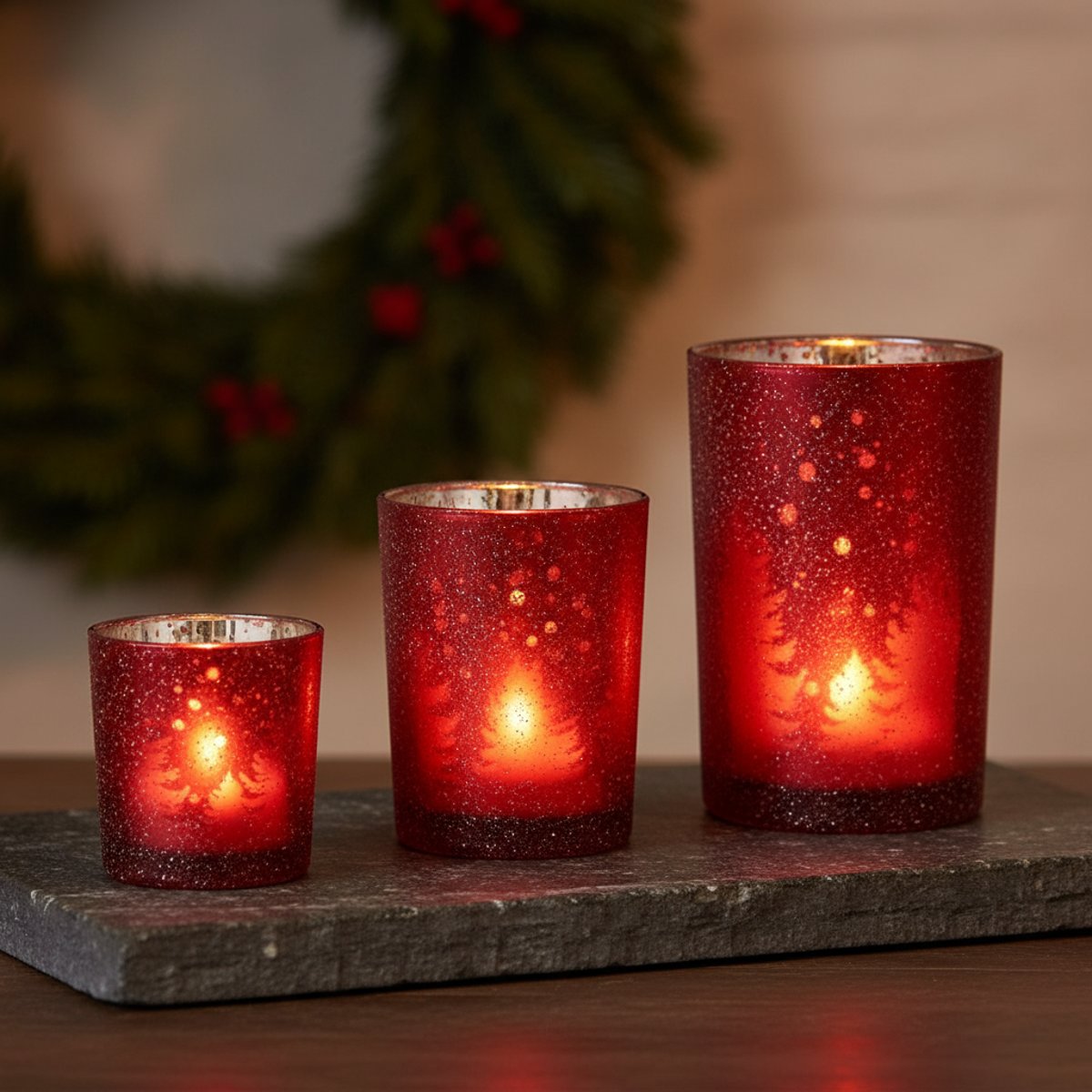 Photophore de noël décoratif en verre dépoli H18 MOOR rouge, SIA DECO