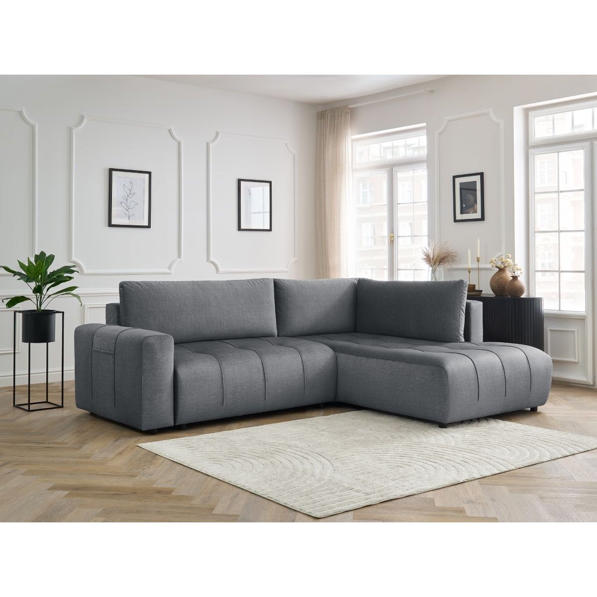 Canapé d'angle convertible 3 places en velours, ARSENE gris foncé, BOBOCHIC