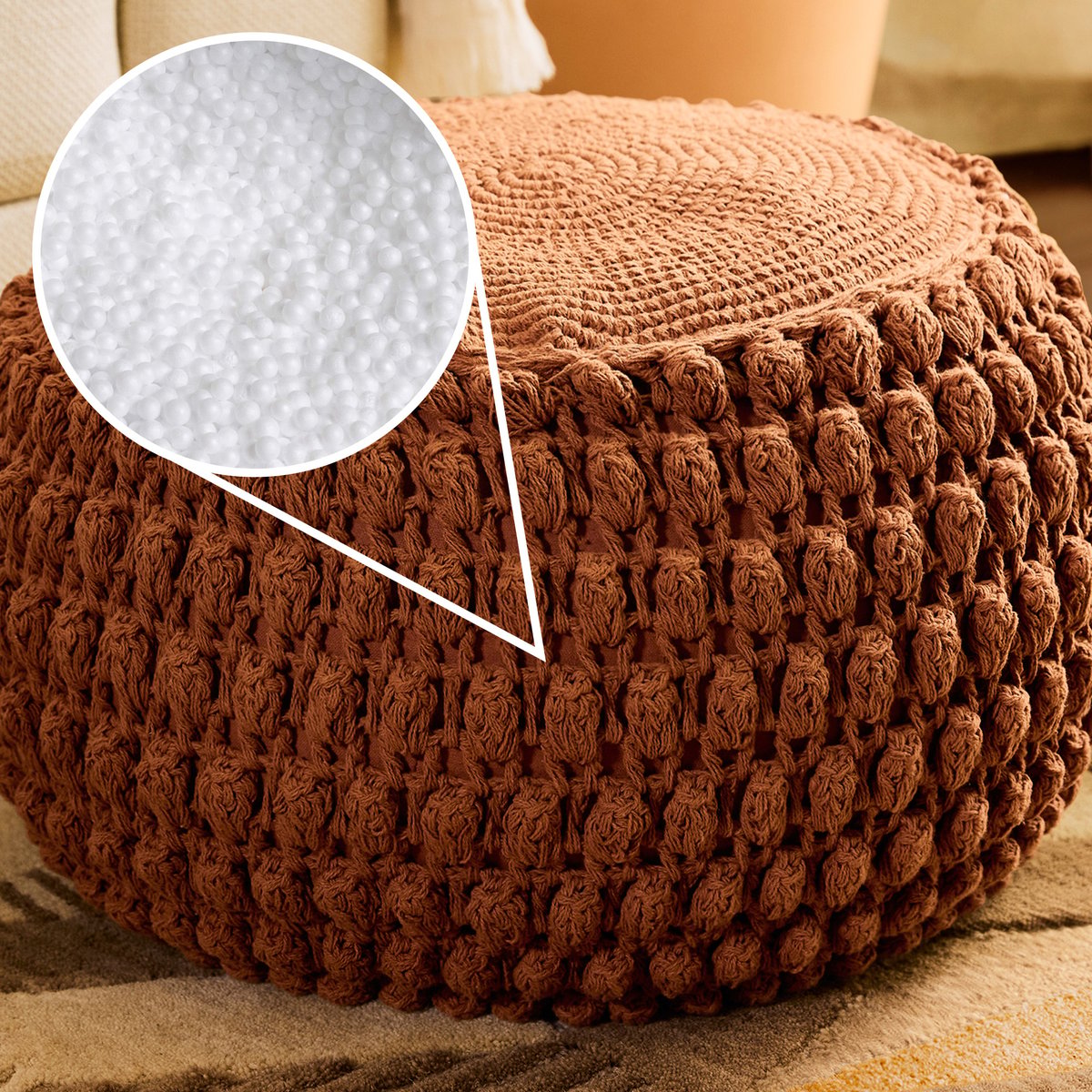 Pouf repose-pieds rond en coton crochet main Oeko-Tex® - RIVA terracotta, ICON