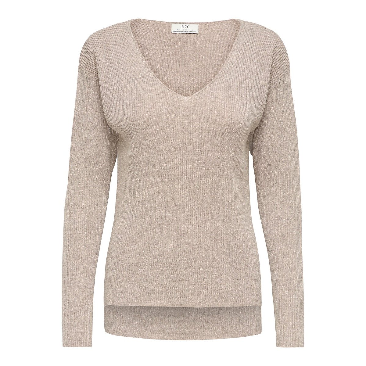 Pull maniche lunghe con scollo a V in maglia con fili metallizzati beige, JDY