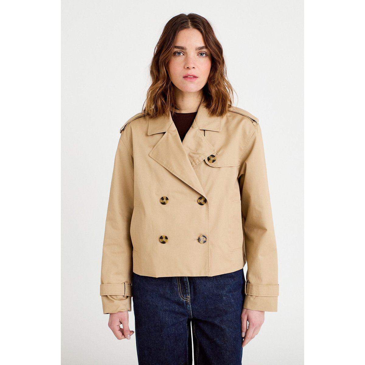 Trench droit court col tailleur sable, CACHE CACHE