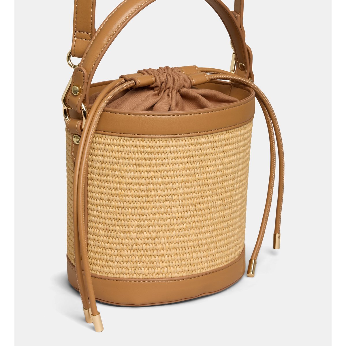 Sac seau panier flavia lisse et paille camel naturel, GALERIES LAFAYETTE