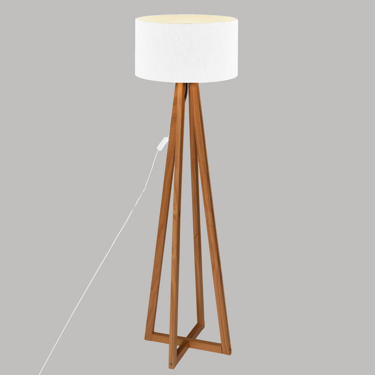 Lampadaire trépied en bois de pin abat-jour coton MOLU blanc, ATMOSPHERA