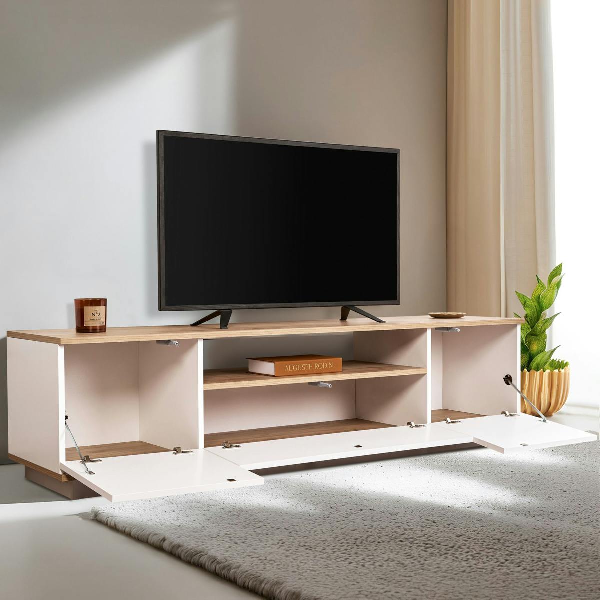 Meuble TV moderne 3 portes - 1 niche MARFA blanc / chêne, PIER IMPORT