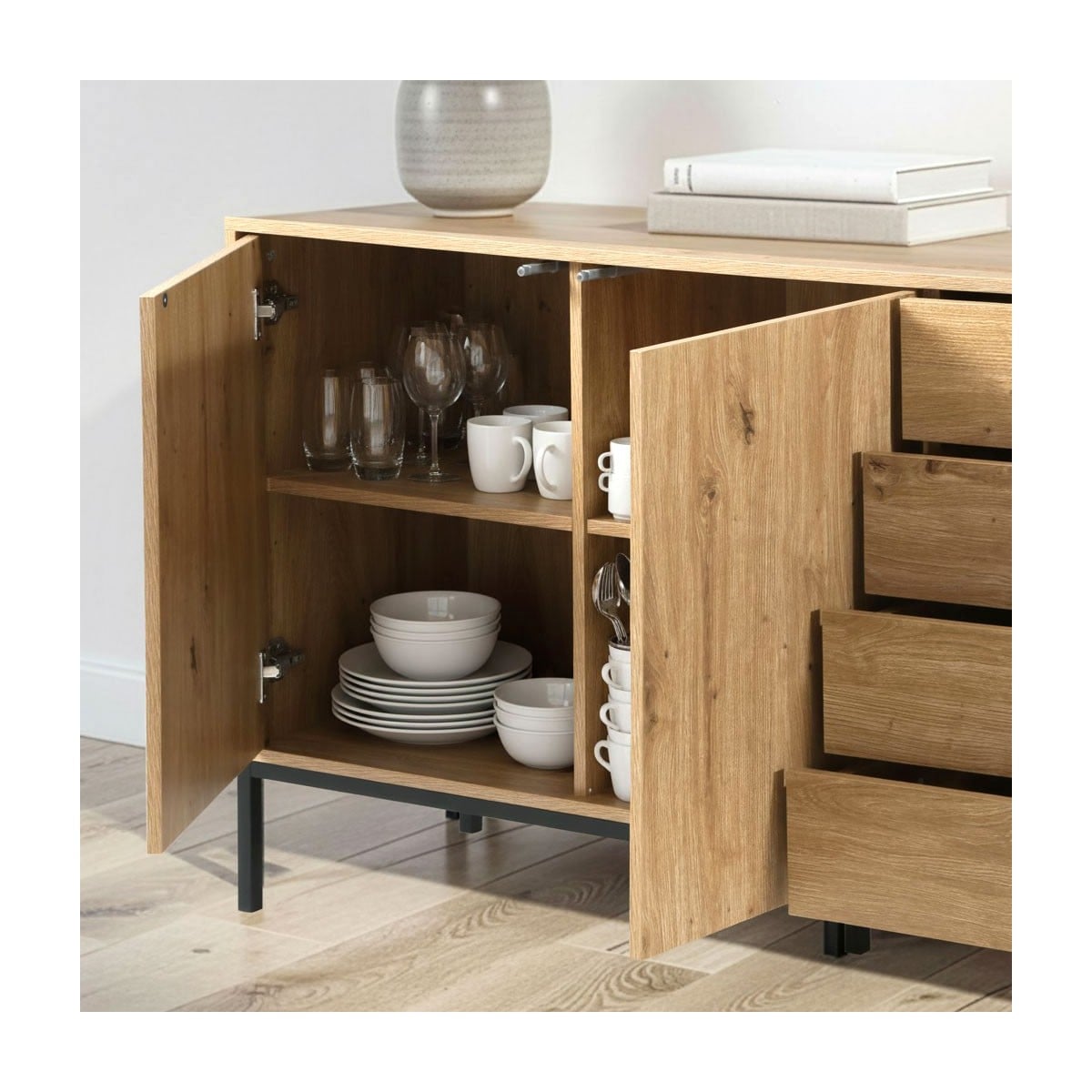 Buffet 2 portes et 4 tiroirs LENNY bois clair, CALICOSY