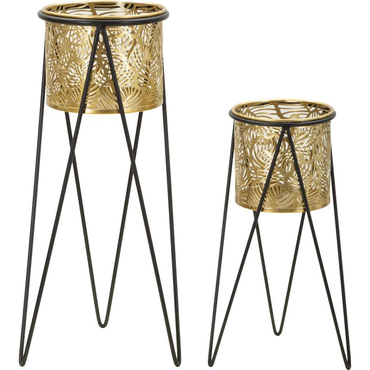 Lot de 2 cache-pots sur pied en fer ajouré GLAM noir et doré, RECOLLECTION