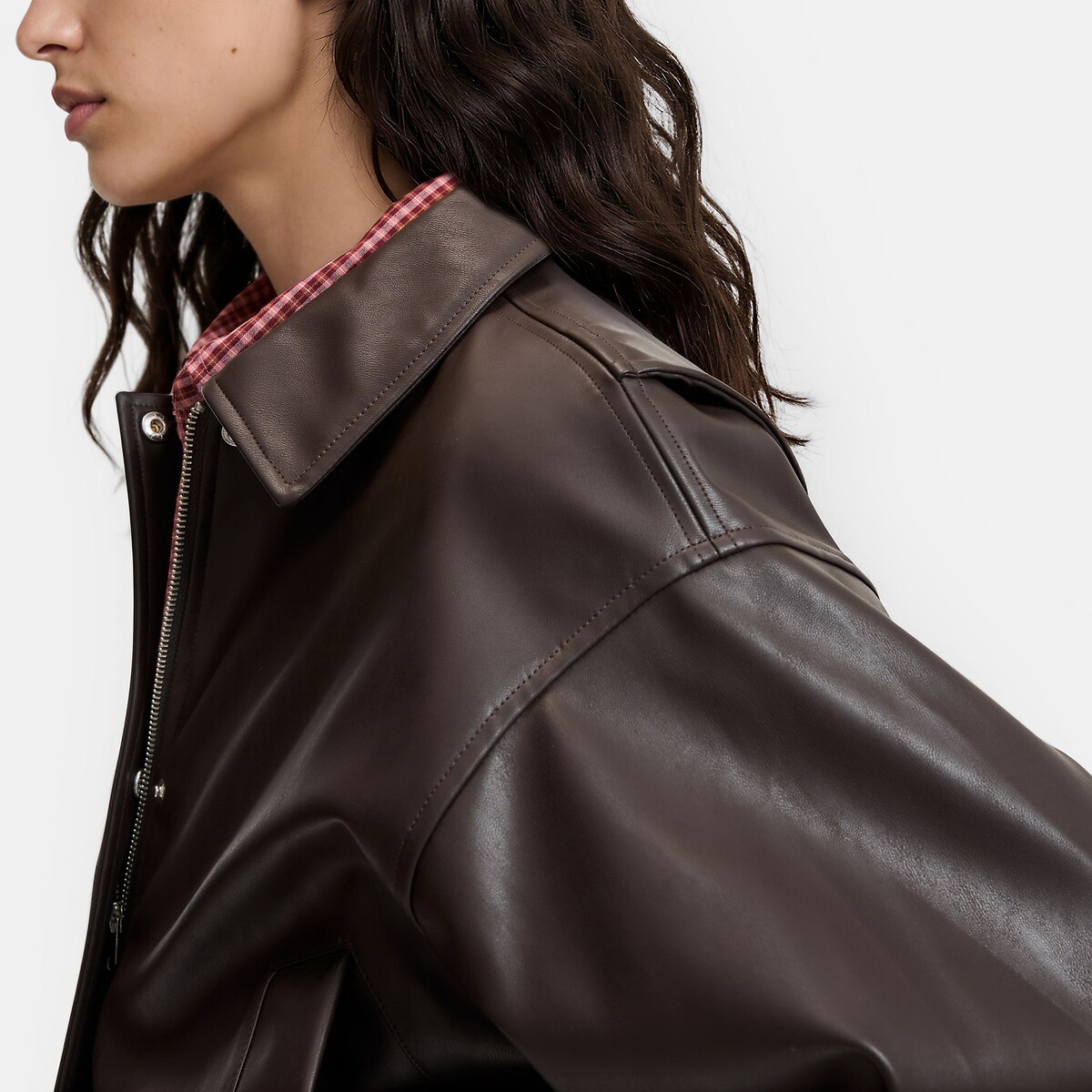 Faux Leather Short Zip-Up Mid-Season Jacket chocolate brown, LA REDOUTE COLLECTIONS