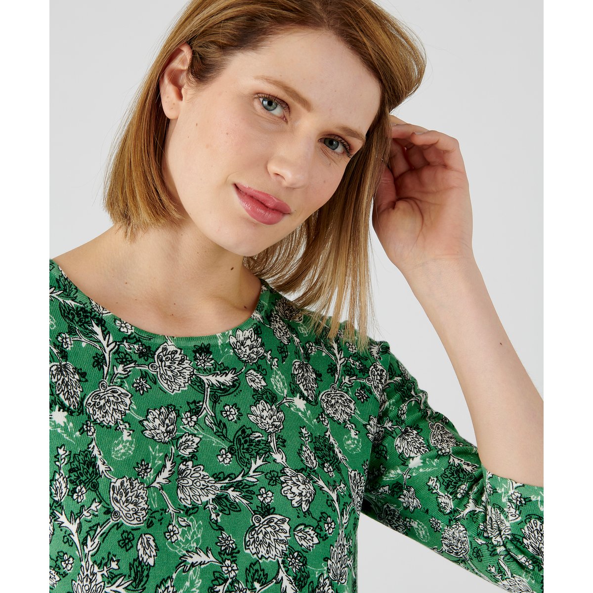 Pull maille fine manches 3/4 vert floral, DAMART