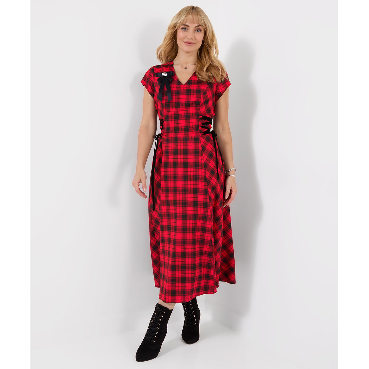 Robe Longue à Carreaux Lacée sur les Côtés Trixie rouge, JOE BROWNS